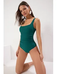 Emerald Green Square Neck Regular Shapewear Swimsuit - 1