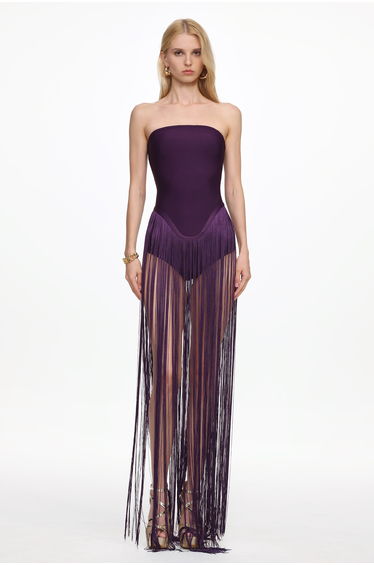 Valentina Strapless Purple Fringe Dress