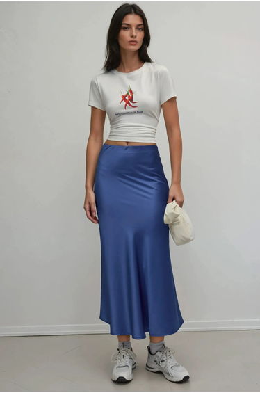 High-Waist Satin Midi Skirt