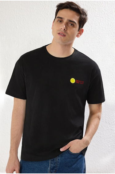 Black Oversize/Wide Cut Lemon Printed 100% Cotton T-Shirt
