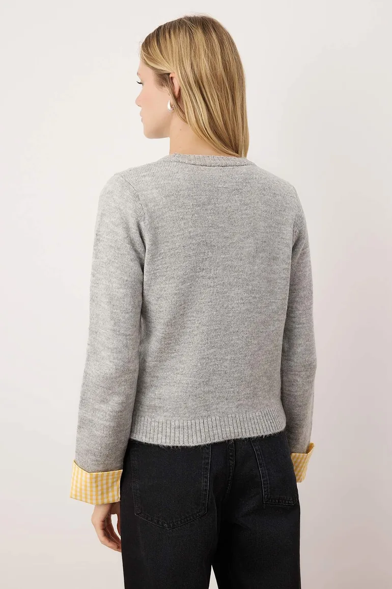 Gray Soft Textured Shirt Garnished Knitwear Cardigan - 3