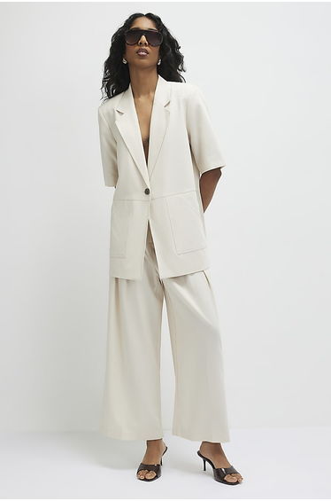 Beige Short Sleeve Pocket Blazer
