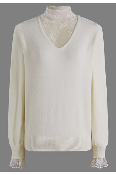 Floret Lace Inserted Mock Neck Knit Top in Ivory