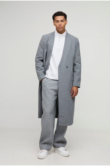 Oversized Longline Double Breasted Collarless Melton Overcoat - charcoal