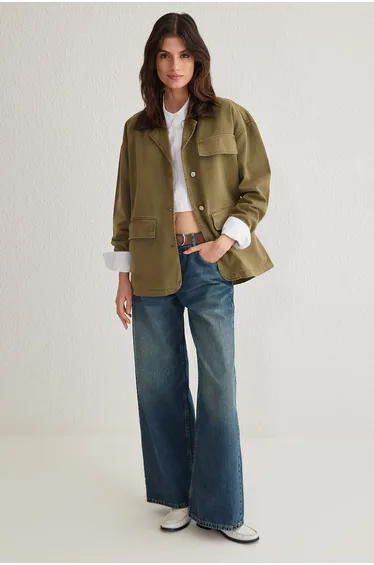 Khaki Contrast Oversize with Ribbed Collar and Pocket Flap Detail Denim Shirt Jacket