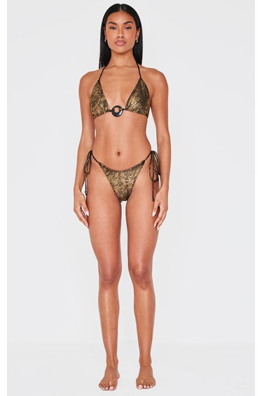 Gold Metallic Black Trim Tie Side Bikini Bottoms