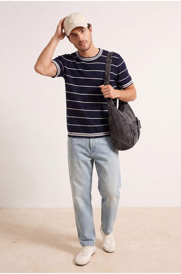 Navy Blue Regular/Normal Cut Striped Knitwear T-Shirt