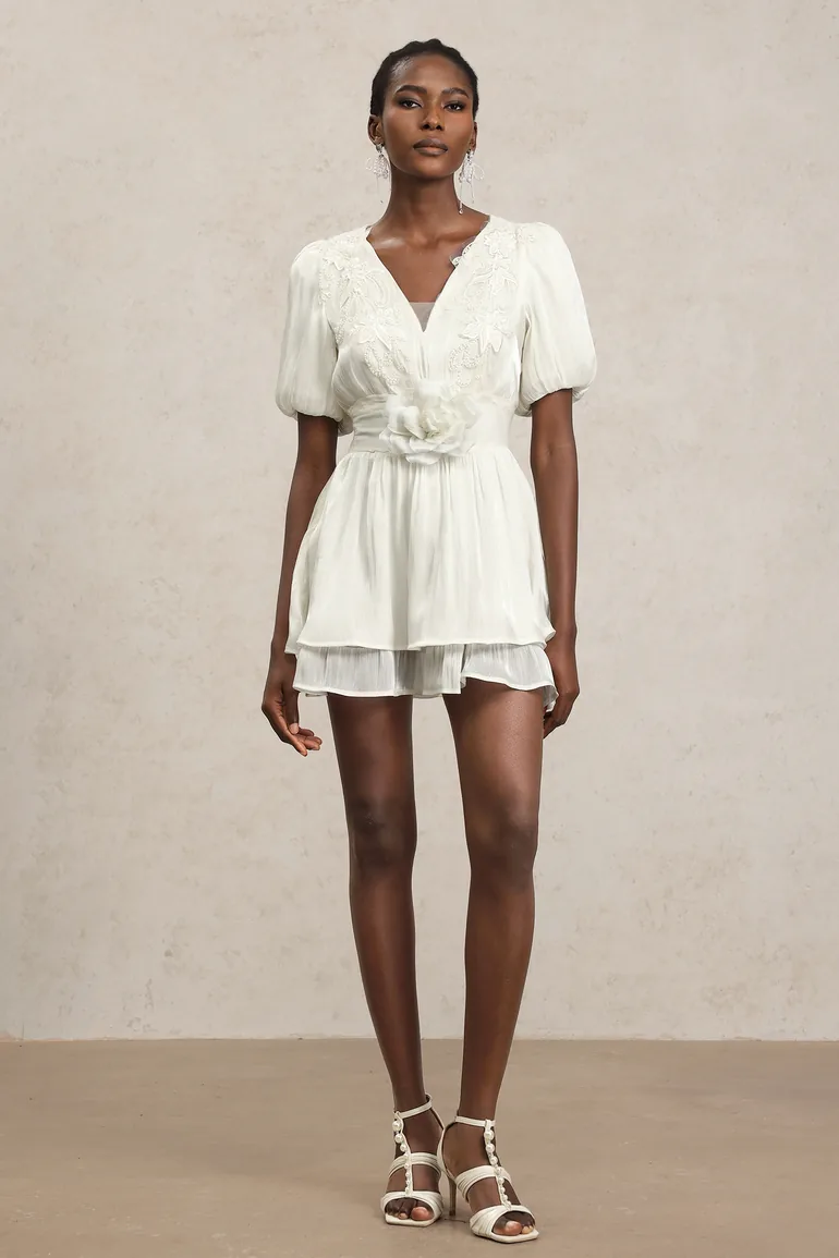 Taj V-Neck Puff Sleeves Flowers Embroidery Mini Dress Bella Barnett :  Bridal Dresses : VogaCloset Oman