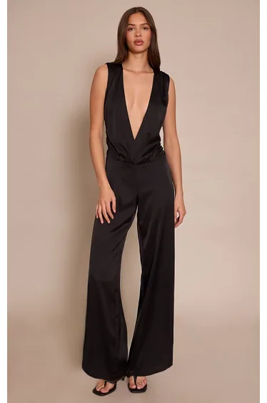 Black Satin Plunge Dropped Waist Jumpsuit