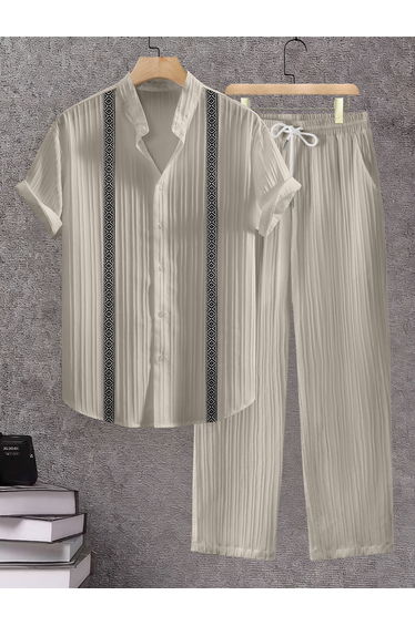 Men Beige Jacquard Stand Collar Short Sleeve Button Front Shirt and Pants Co-Ords