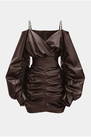 Faux Leather Metallic Chain Crossed Ruched Long Sleeve Mini Dress