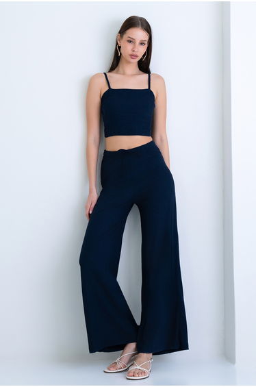 Women's Navy Blue Rope Strap Cropped Blouse and Trousers Set