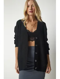Women's Black Buttons Oversized Knitwear Cardigan