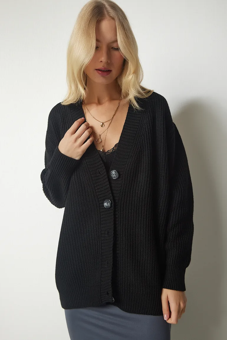 Women's Black Buttons Oversized Knitwear Cardigan - 2