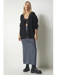 Women's Black Buttons Oversized Knitwear Cardigan - 3
