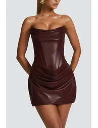 Agnes Brown Ruched Leather Bodycon Mini Dress - 3