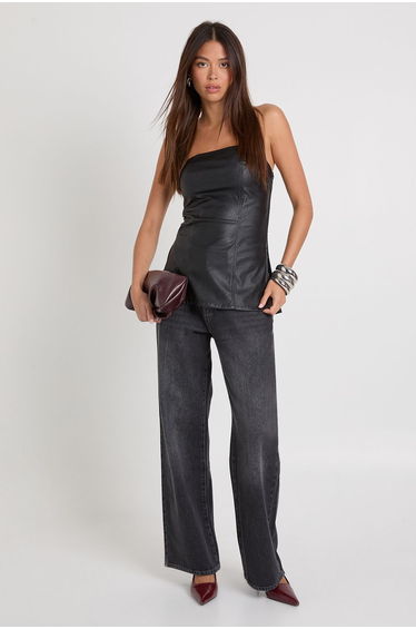 Faux Leather Split Hem Bandeau Top - black