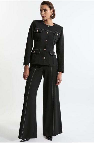 Compact Stretch Tailored Flared High Waisted Trousers