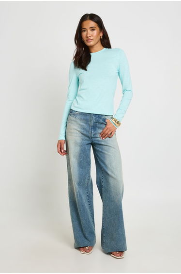 Slub Long Sleeve Fitted Top - aqua