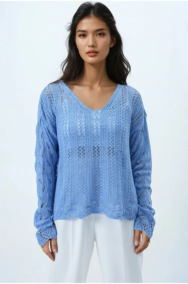 Women's Blue V-Neck Openwork Seasonal Knitwear Blouse