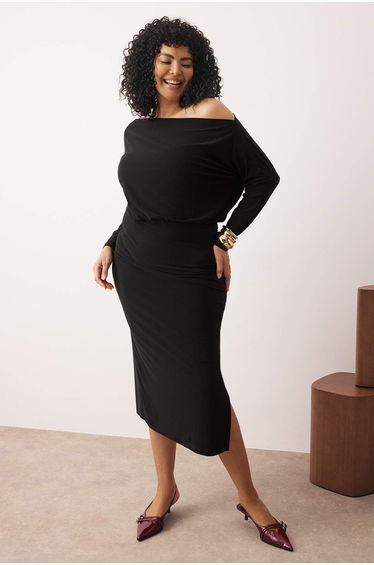 Black Plain Asymmetrical Single Sleeve Waist-Fitting Flexible Midi Knit Dress