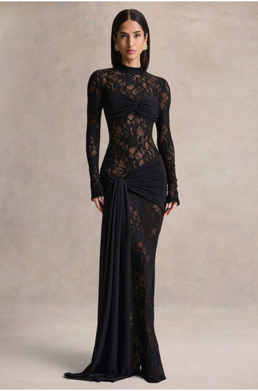 Akira | Black Lace Maxi Dress With Sash-Detail