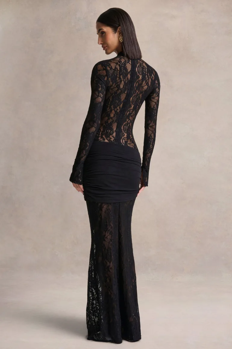 akira black lace dress Akira | Black Sheer Lace Maxi Dress With Sash-Detail