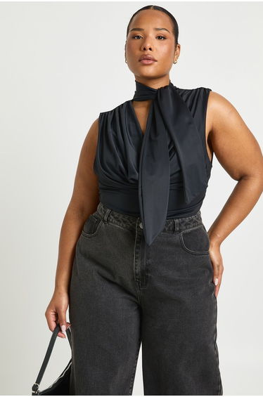 Plus Scarf Wrap Cowl Neck Top - black