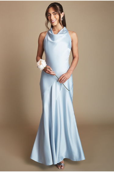 Light Blue Cowl Halterneck Satin Maxi Bridesmaid Dress