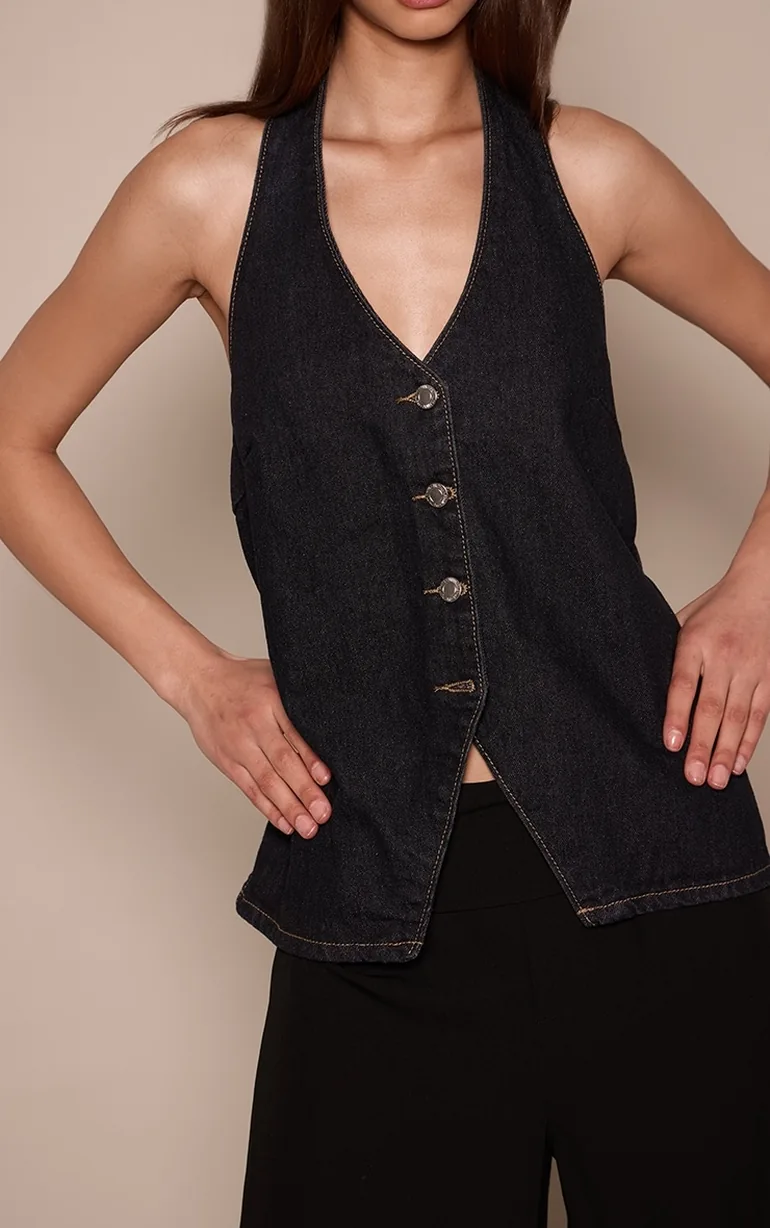Raw Indigo Halterneck Denim Waistcoat - 3