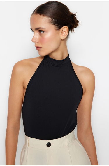 Black High Neck Decollete Decollete Flexible Snaps Knitted Bodysuit