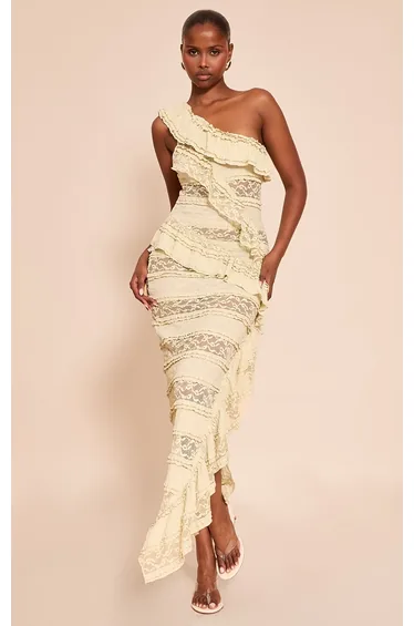 Sage Lace Frill Detail One Shoulder Maxi Dress