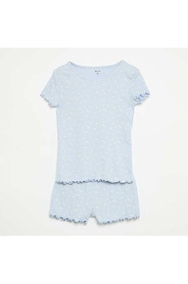 Cotton Ribbed Knit Pajama Top and Shorts Set BLUE