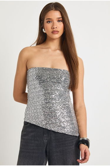 Sequin Bandeau Asym Hem Top - silver
