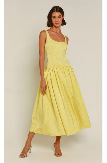 Lemon Drop Waist Jacquard Midi Dress