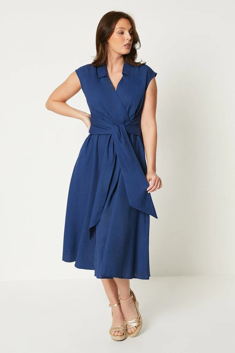 Shop Linen Blend Belted Midi Dress - blue Online in Oman