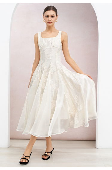 Burnout Floral Organza Panel Flare Maxi Dress in Cream for Afternoon Teas & Dinner Dates