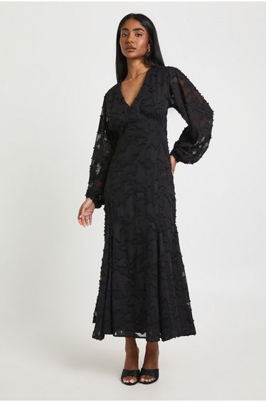 Burnout Floral Flared Sleeve Midaxi Dress - black