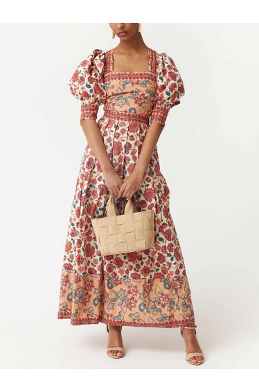 Retro Ethnic Floral Print Puff Sleeve Short Shirt