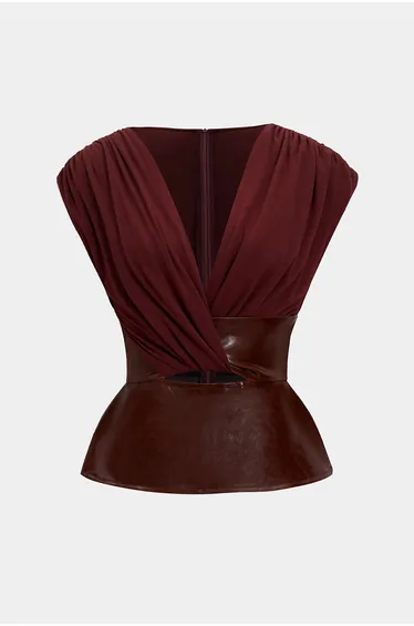 Faux Leather Patchwork Ruched Zipper Short-Sleeve Top