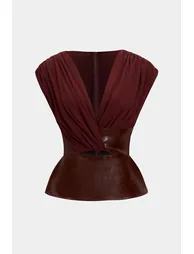 Faux Leather Patchwork Ruched Zipper Short-Sleeve Top