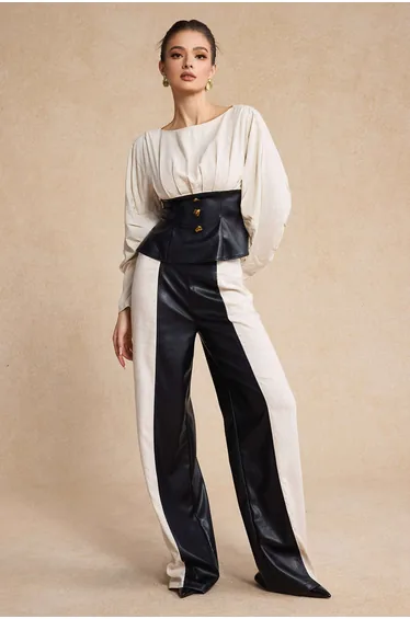 Linen Faux Leather Patchwork Long-Sleeve Shirt