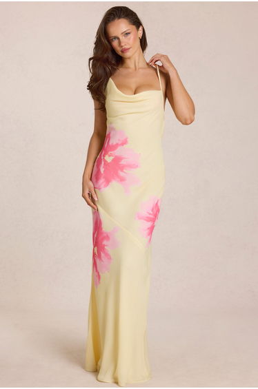 Chiffon Maxi Dress in Yellow Floral Print
