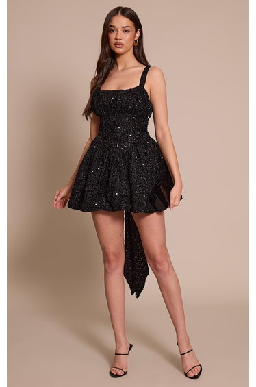 Black Sequin Oversized Bow Shift Dress