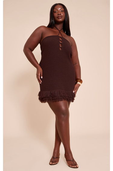 Plus Chocolate Knitted Halterneck Bead Detail Fringe Mini Dress