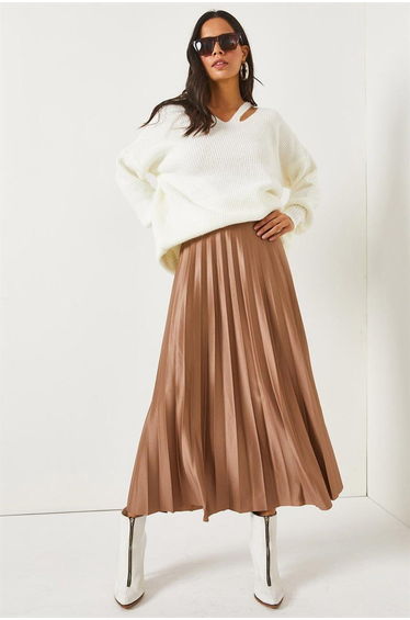 Milk Brown Leather Look A-Line Pleat Skirt