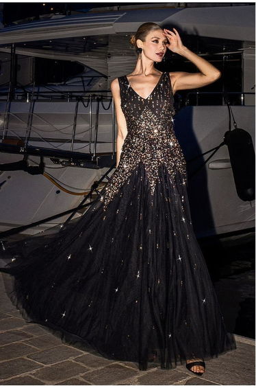 Goddiva Sunray Sequin A-Line Sleeveless Maxi Dress - Black