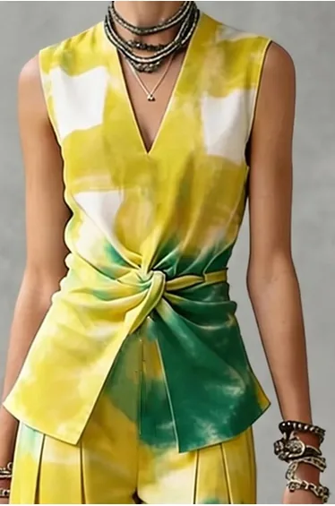 Sleeveless Contrast Color Knot Printed Tied V-Neck Blouses&Shirts Tops