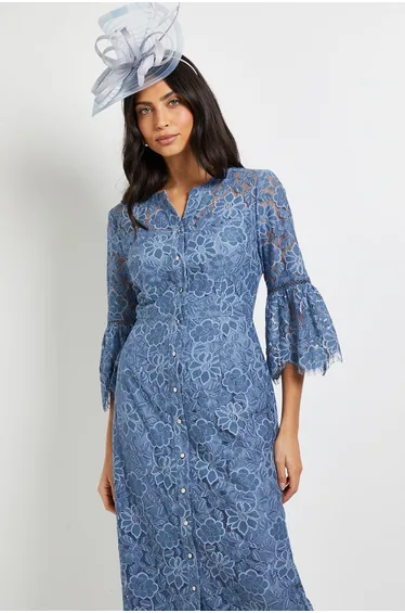 Lace Button Flute Sleeve Midi Dress