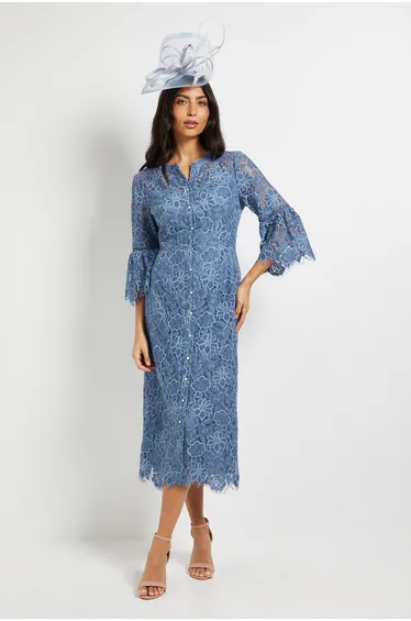 Lace Button Flute Sleeve Midi Dress